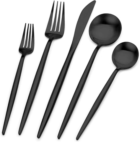 Image of Matte Black Silverware Set, Stainless Steel Satin Finish, Flatware Cutlery Set for 4, 20-Piece Spoons and Forks Kitchen Utensil Set, Dishwasher Safe (Matte Black, 20 P)