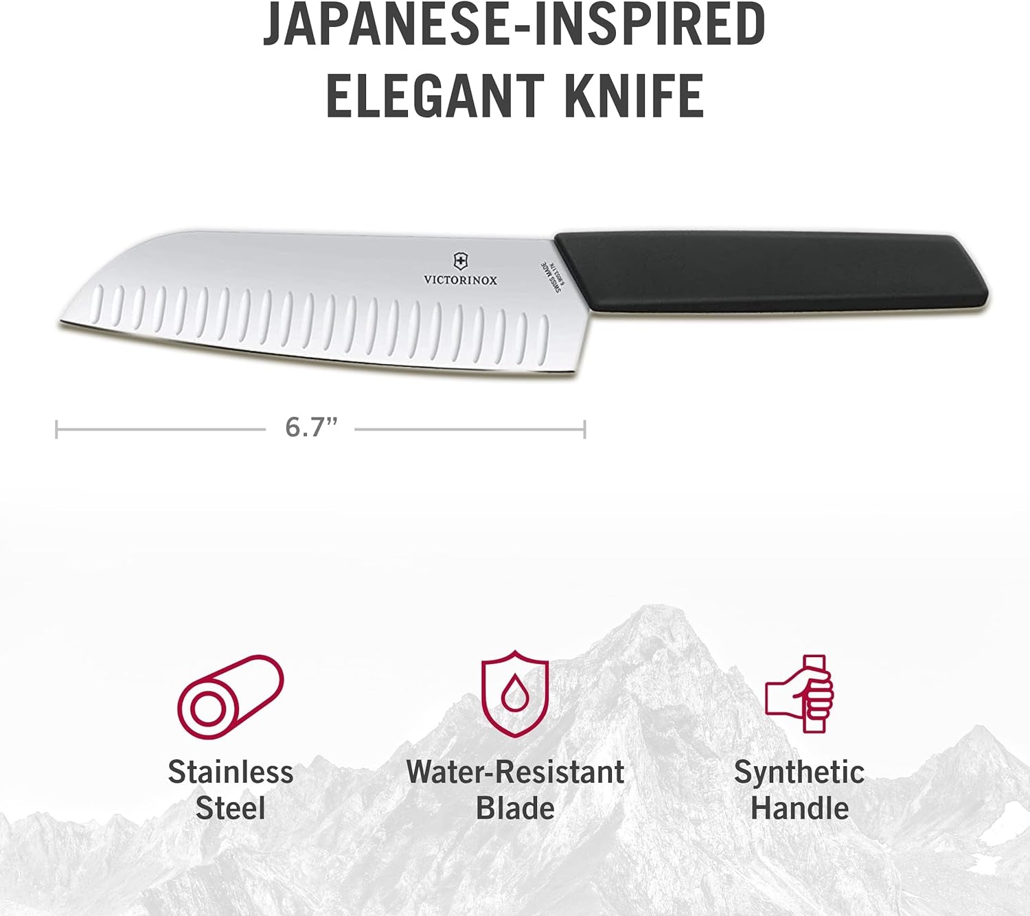 6.9053.17KB Swiss Modern Santoku Knife for General-Purpose Slicing, Dicing, Mincing, and Everything in between Fluted Edge Blade in Black, 6.7 Inches
