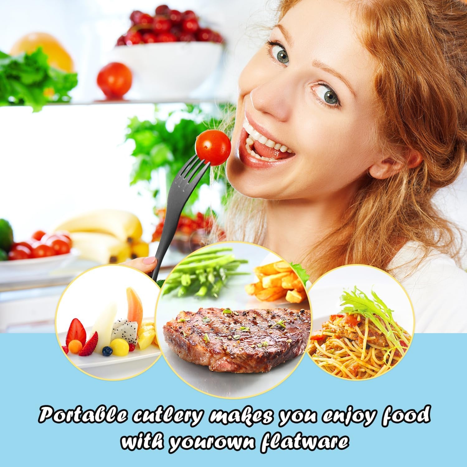 Reusable Portable Travel Utensils Set, Service for 4, Forks Spoons Knives for Camping Wheat Straw Plastic Flatware with Storage Case (Gray Ombre)