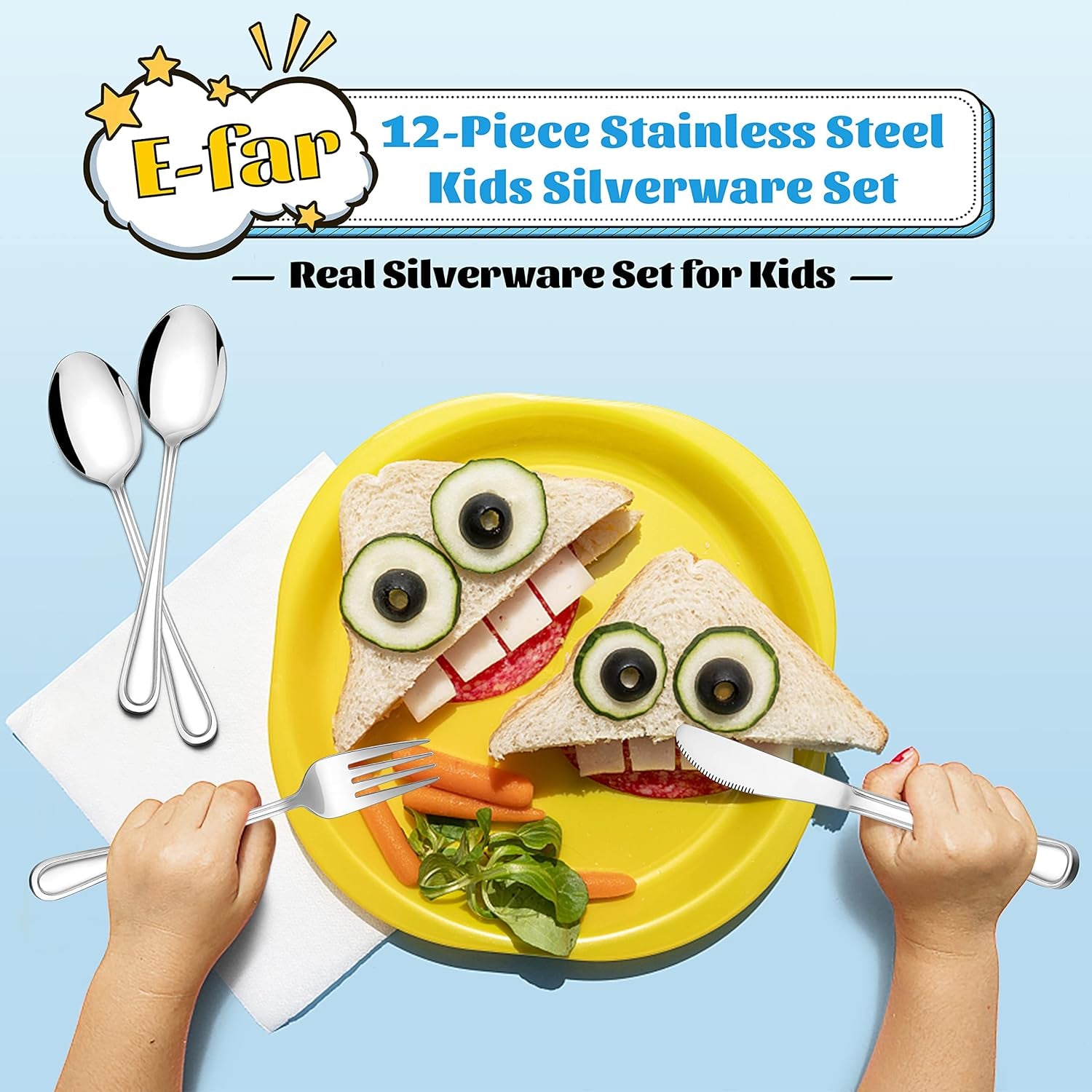 12-Piece Kids Silverware,  Stainless Steel Toddler Kids Utensils Safe for Preschooler/Children, Includes 4 Forks 4 Spoons 4 Knife, Slimline Adult Look & Small Size, Rust Free & Dishwasher Safe