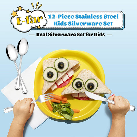 Image of 12-Piece Kids Silverware,  Stainless Steel Toddler Kids Utensils Safe for Preschooler/Children, Includes 4 Forks 4 Spoons 4 Knife, Slimline Adult Look & Small Size, Rust Free & Dishwasher Safe