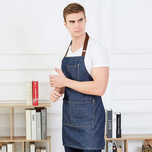 Blue Adjustable Denim Jean Kitchen Apron with 5 Pockets for Women Men Optimized Upgrade(Denim)