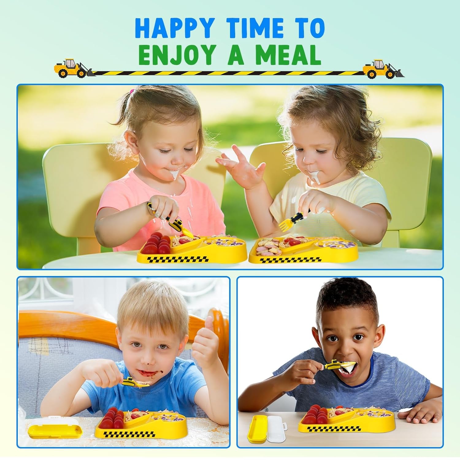 Construction Toddler Utensils - Reusable Plastic Toddler Fork and Spoon & Storage Case - Suitable for Kids Utensils - Dishwasher Safe - Portable Utensils Set for 1 2 3 4 5 Year Old Toddlers