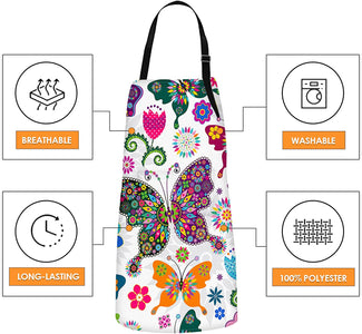 Apron Home Kitchen Cooking Baking Gardening for Women Men with Pockets Floral Colorful Butterflies Flowers Romantic 32X28 Inch