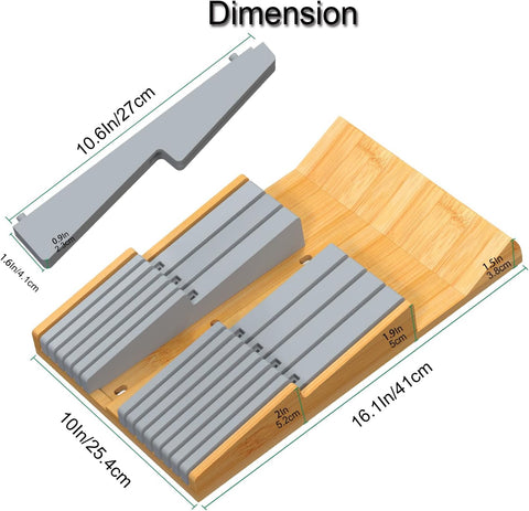 Image of In-Drawer Knife Block Set without Knives, Kitchen Gray Drawer Steak Knife Holder Organizer, Detachable Cutlery Storage Rack for 16 Knives and 1 Sharpening Steel