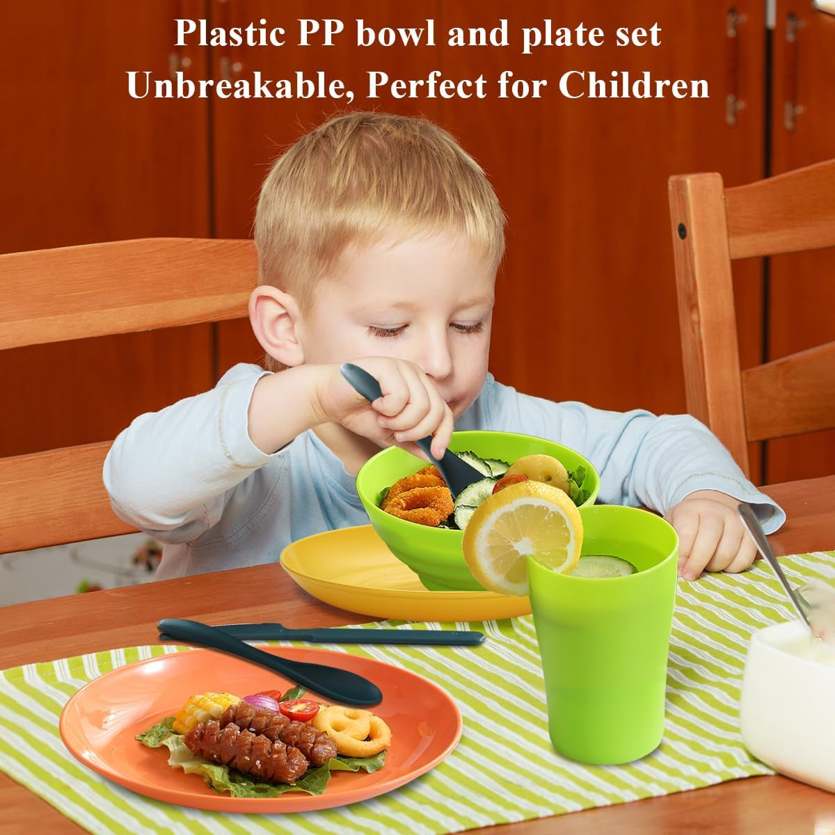 Plastic Dinnerware Set 28 Piece, Reusable Light Weight Mugs, Bowls, Dishes, Knives, Forks, Spoons for Camping Picnics and Everyday Use, Dishwasher Safe (Mutil Color)