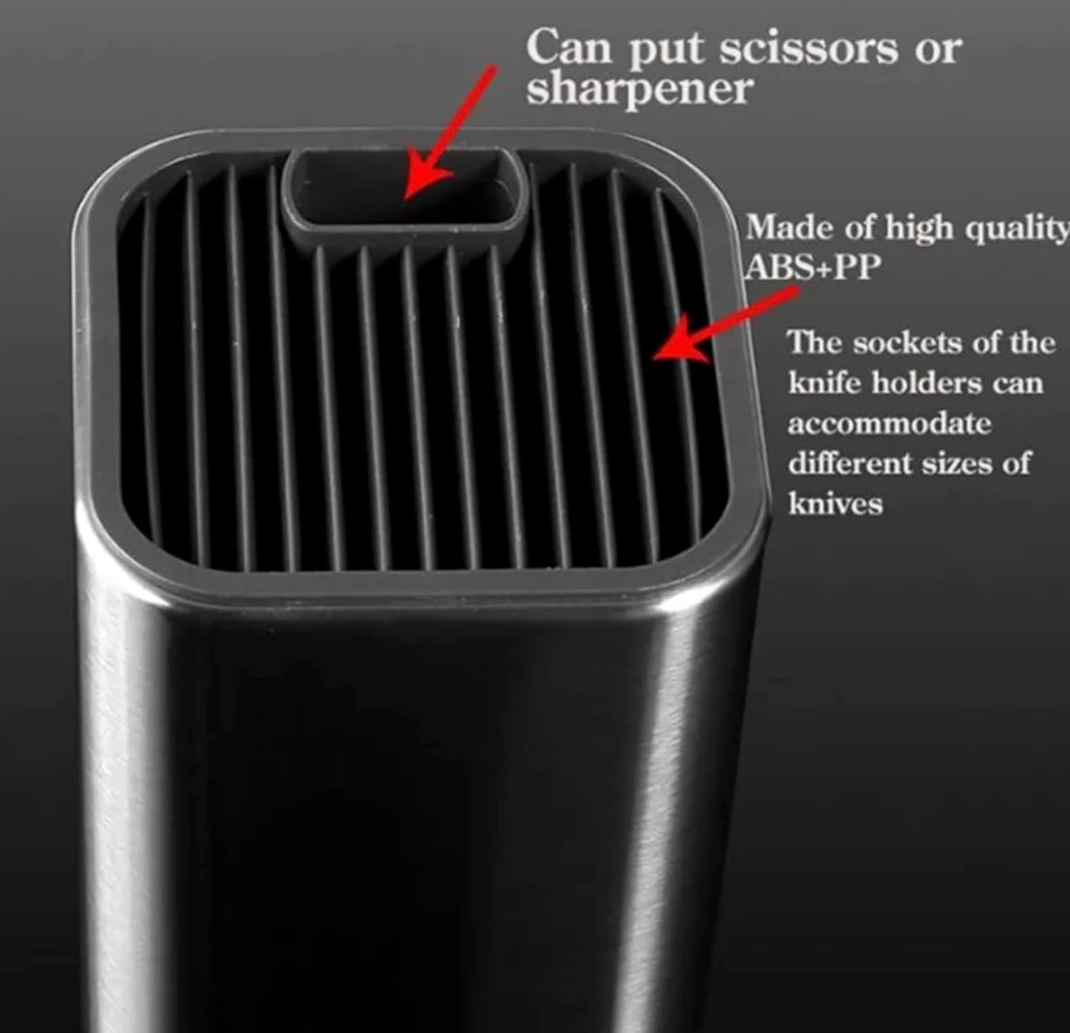 Universal Knife Block Holder, Stainless Steel Organizer with Scissor Slots, Space-Saving Countertop Storage Stand for Any Knife up to 8.10 Inches, (Knives Not in Included) (Black)