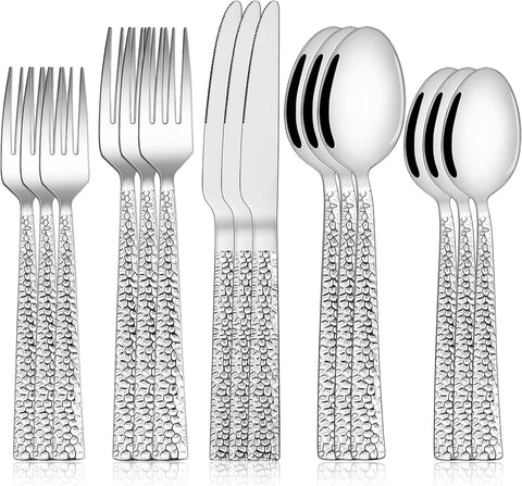 Image of 60-Piece Hammered Silverware Set, Stainless Steel Square Flatware Set for 12, Food-Grade Tableware Cutlery Set, Utensil Sets for Home Restaurant, Mirror Finish, Dishwasher Safe