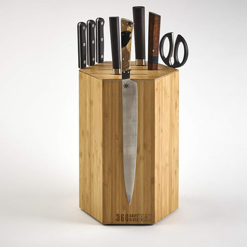 Image of 360KB MAX ™ - Magnetic Rotating Knife Block - W/Top Slots, Capaciy for 20+ Knives - Largest in the  ® Family. (Honey Bamboo)