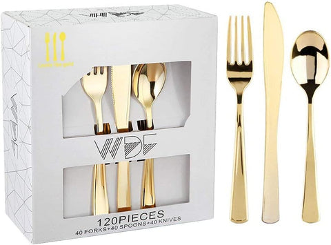 Image of 120 Pieces Gold Plastic Silverware - Disposable Flatware Set - Heavy Duty Plastic Cutlery - Silverware Includes 40 Forks, 40 Spoons, 40 Knives - Plastic Silverware