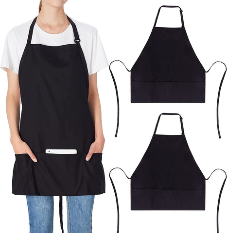Image of 2 Pack 3 Pockets 100% Cotton Adjustable Bib Apron Chef Kitchen Cooking Aprons for Women Men, Black