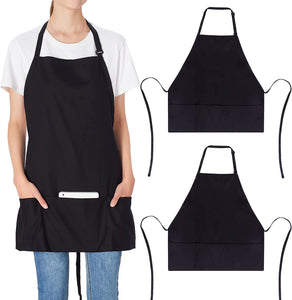 2 Pack 3 Pockets 100% Cotton Adjustable Bib Apron Chef Kitchen Cooking Aprons for Women Men, Black