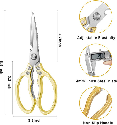 Image of Kitchen Scissors, Heavy Duty Sharp Kitchen Shears Dishwasher Safe,Gold Kitchen Accessories Cooking Shears for Kitchen Meat Chicken Fish Poultry Herb Bread (Gold)