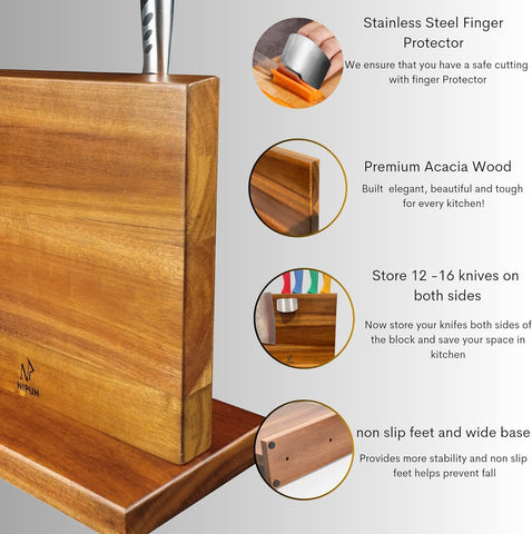 Image of Magnetic Knife Block - Double Sided 12 X 10 Inches Knife Block with Finger Guard - Acacia Wood Knife Holder for Kitchen Counter - Strong Enhanced Magnets in Magnetic Knife Holder Stand