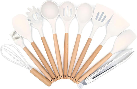 Image of Kitchen Utensils Set, 33 Pcs Non-Stick Silicone Cooking Utensils Set, Heat-Resistant Silicone, Wooden Utensils for Cooking, Kitchen Gadgets Spatula Set, Apartment Essentials Kitchen Set (White)