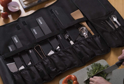 Image of Chef Knife Roll Bag - 20 Total Pockets for Knives and Kitchen Utensils - Made with Stain Resistant Waxed Nylon - for Chefs and Culinary Students - Knives Not Included(Black)