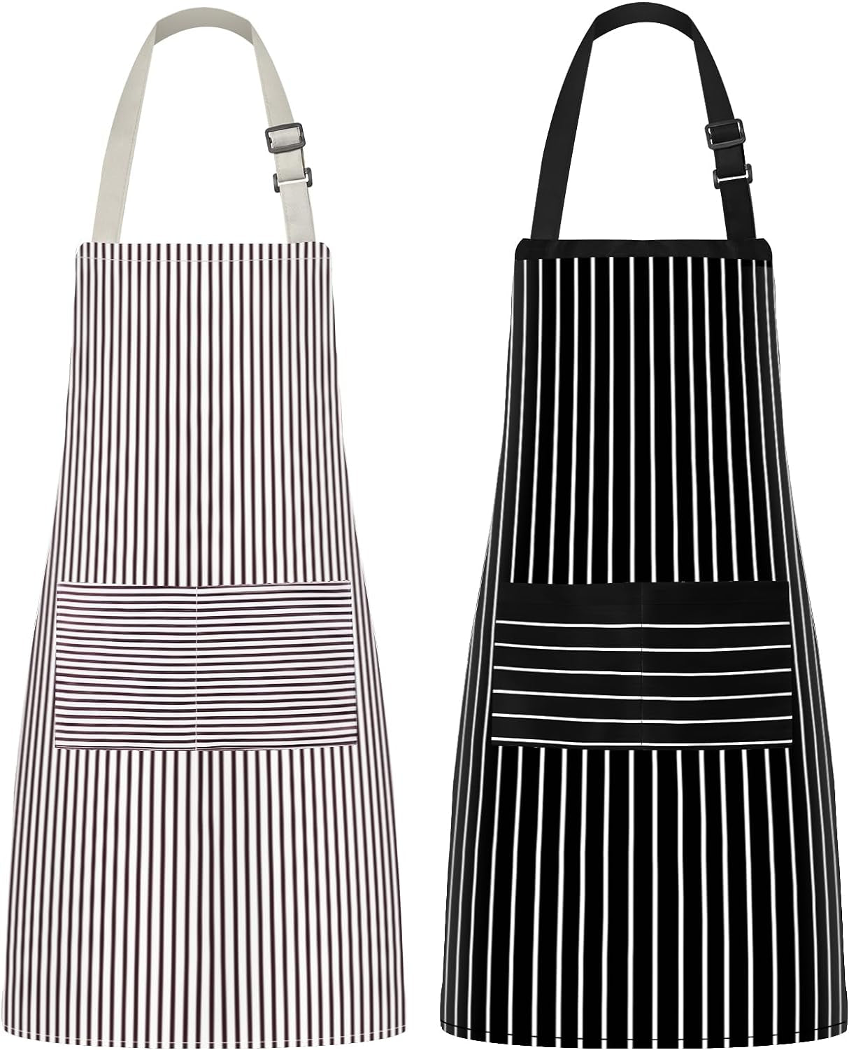 Kitchen Cooking Apron, 2 Pack Adjustable Bib Chef Aprons for Women Men with 2 Pockets, L-Black/Brown Stripes