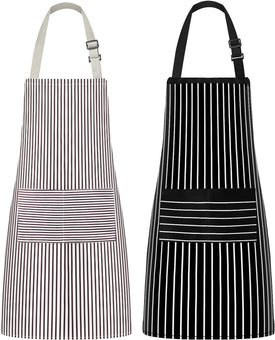 Kitchen Cooking Apron, 2 Pack Adjustable Bib Chef Aprons for Women Men with 2 Pockets, L-Black/Brown Stripes
