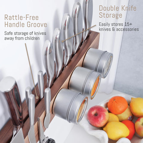 Image of Walnut 16 Inch Magnetic Knife Holder for Wall with Double Storage & Charming Wood - Knife Magnetic Strip, Knife Magnet, Magnet Knife Holder Strip, Magnetic Knife Strip, Knife Rack Kitchen Knife Holder