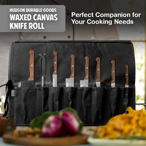 Image of 8 Pocket Knife Roll - 22” W X 17” H Waxed Canvas Carrying Case for Kitchen Knives and Kitchen Tools - Heavy Duty, Portable Knife Storage Bag for Traveling - Charcoal Knife Pouch