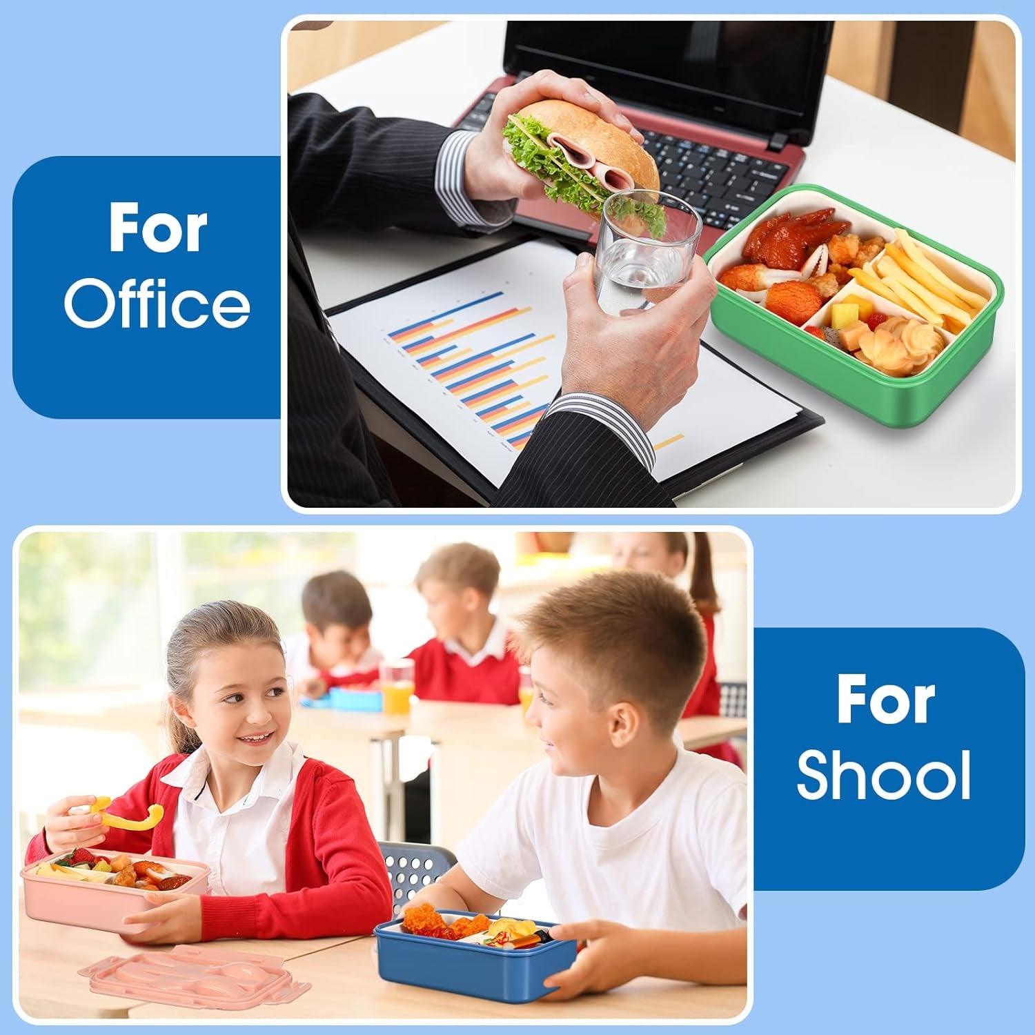 6 Pcs Bento Boxes for Kids Adult 1100 Ml Lunch Boxes with Knife, Fork and Spoon Leakproof Lunch Containers for Men Women Work School Travel