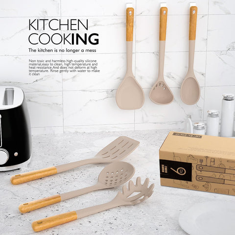 Image of Large Silicone Cooking Utensils Set - Heat Resistant Silicone Kitchen Utensils for Cooking W Wooden Handles, Spatula Set, Kitchen Utensil Gadgets Sets for Non-Stick Cookware, BPA Free (Khaki)