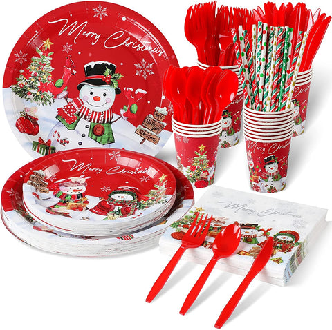 Image of Christmas Snowman Party Supplies, Christmas Snowman Plates and Napkins Set, Disposable Paper Plates Napkins Cups Knives Spoons Forks for Merry Christmas Winter Holiday Party Decorations, Serve 50