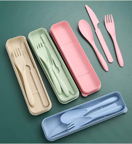 Image of 8 Pack Portable Travel Utensil Set with Case, Wheat Straw Reusable Spoon Knife Forks Tableware, Cutlery for Kids Adult Travel Picnic Camping or Daily Use (8 Colors)