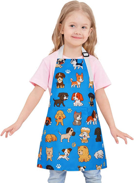 Cute Pets Kids Apron, Cartoon Dog Puppy Kitchen Apron with Pockets, Adjustable Chef Aprons for Toddler Boys Girls, Waterproof Cooking Apron for Painting Baking Gardening, Gifts, 19.7" X 23.6"