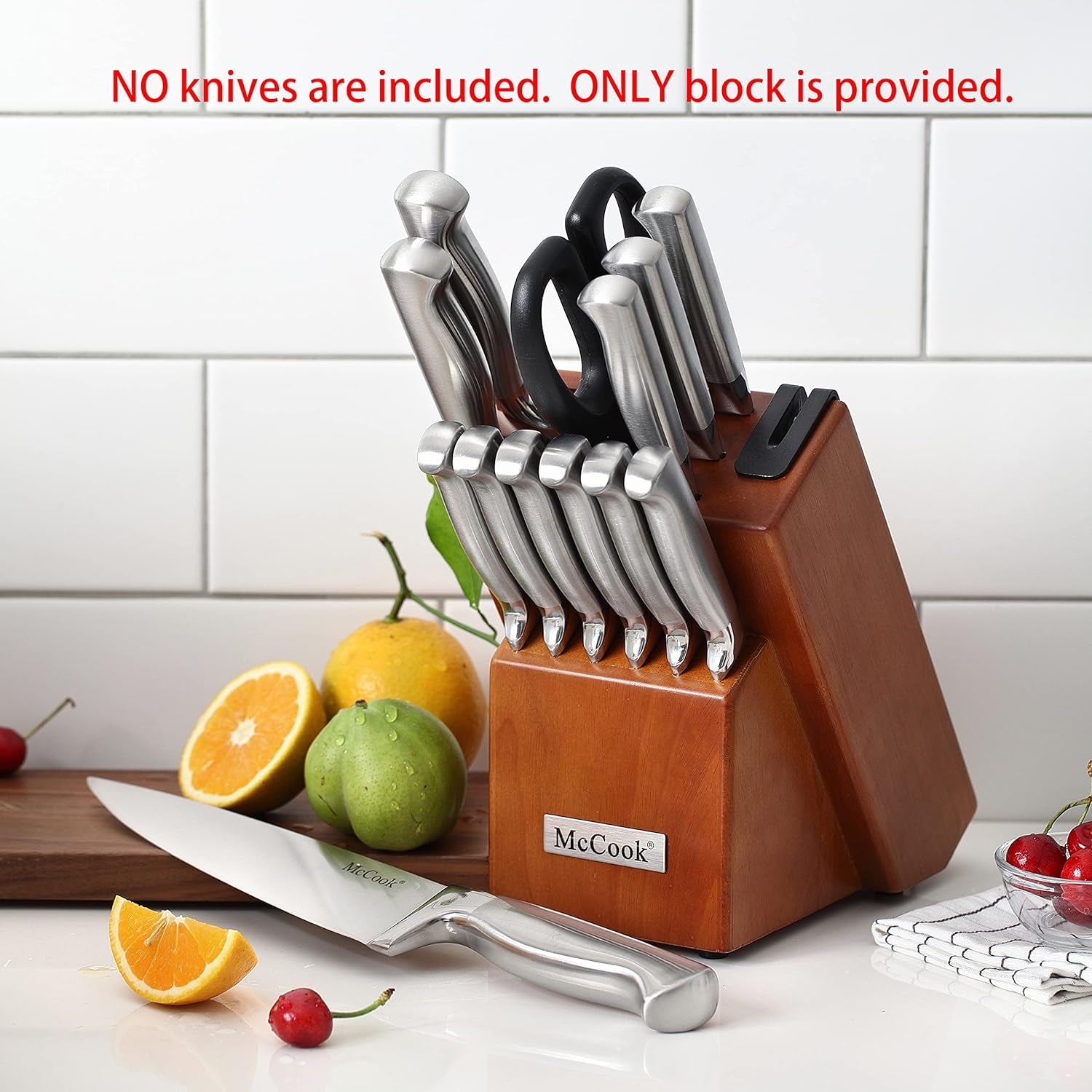 Knife Block W Built-In Sharpener Wood Kitchen Knife Block Holder without Knives Countertop Butcher Block Knife Holder and Organizer with 13 Slots for Easy Kitchen Knife Storage