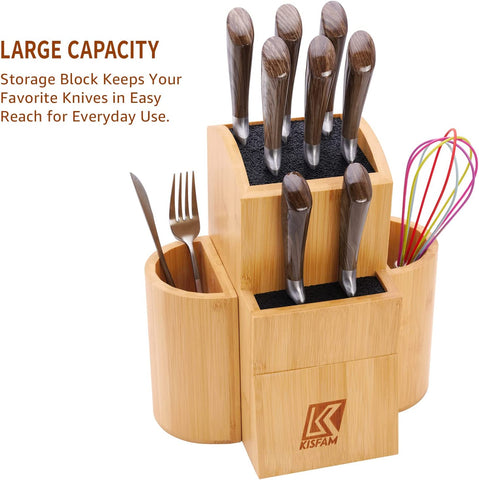 Image of Bamboo Universal Knife Block Two-Tiered Slot-Less Wooden Knife Stand, Knife Organizer & Holder - Convenient Safe Storage for Large & Small Knives & Utensils - Easy to Clean Removable Bristles