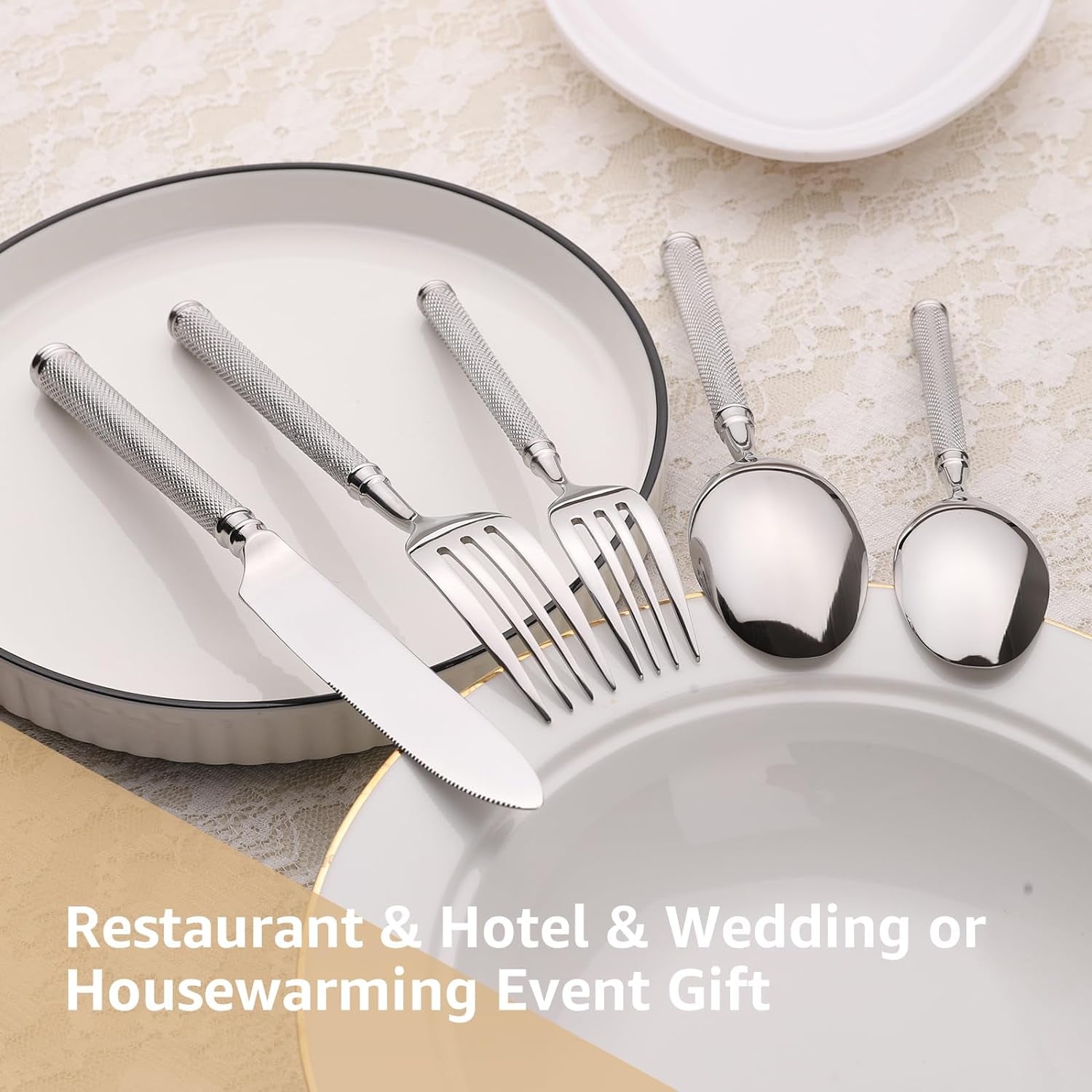 20Pcs 18/10 Stainless Steel Silver Forged Manual Polishing Flatware Set with Luxury Domess Handle Dishwasher Safe Home Hotel Restaurant Use Wedding Housewarming Gift