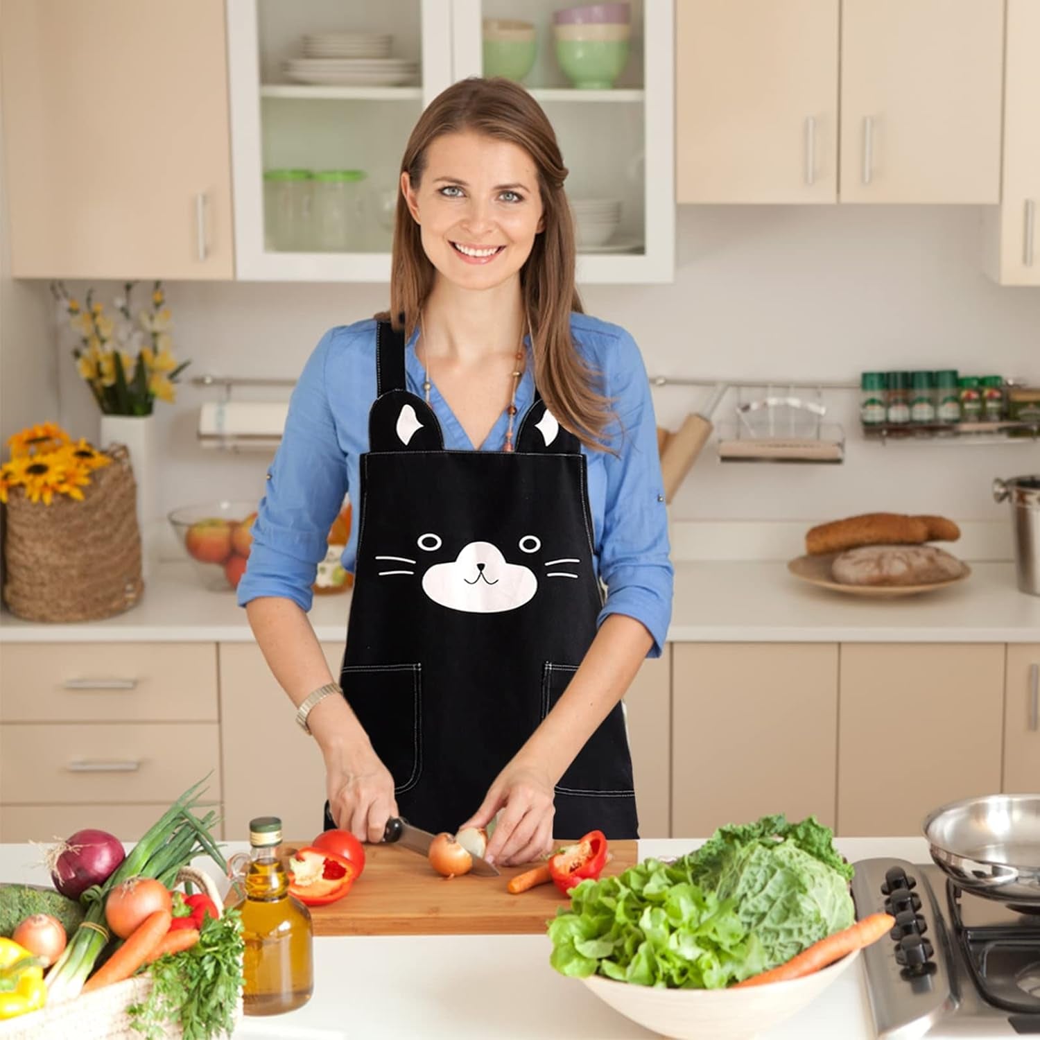 Cute Apron for Women Girl, Aprons with Front Pocket for Cooking Serving Painting Gardening, Gifts for Friends