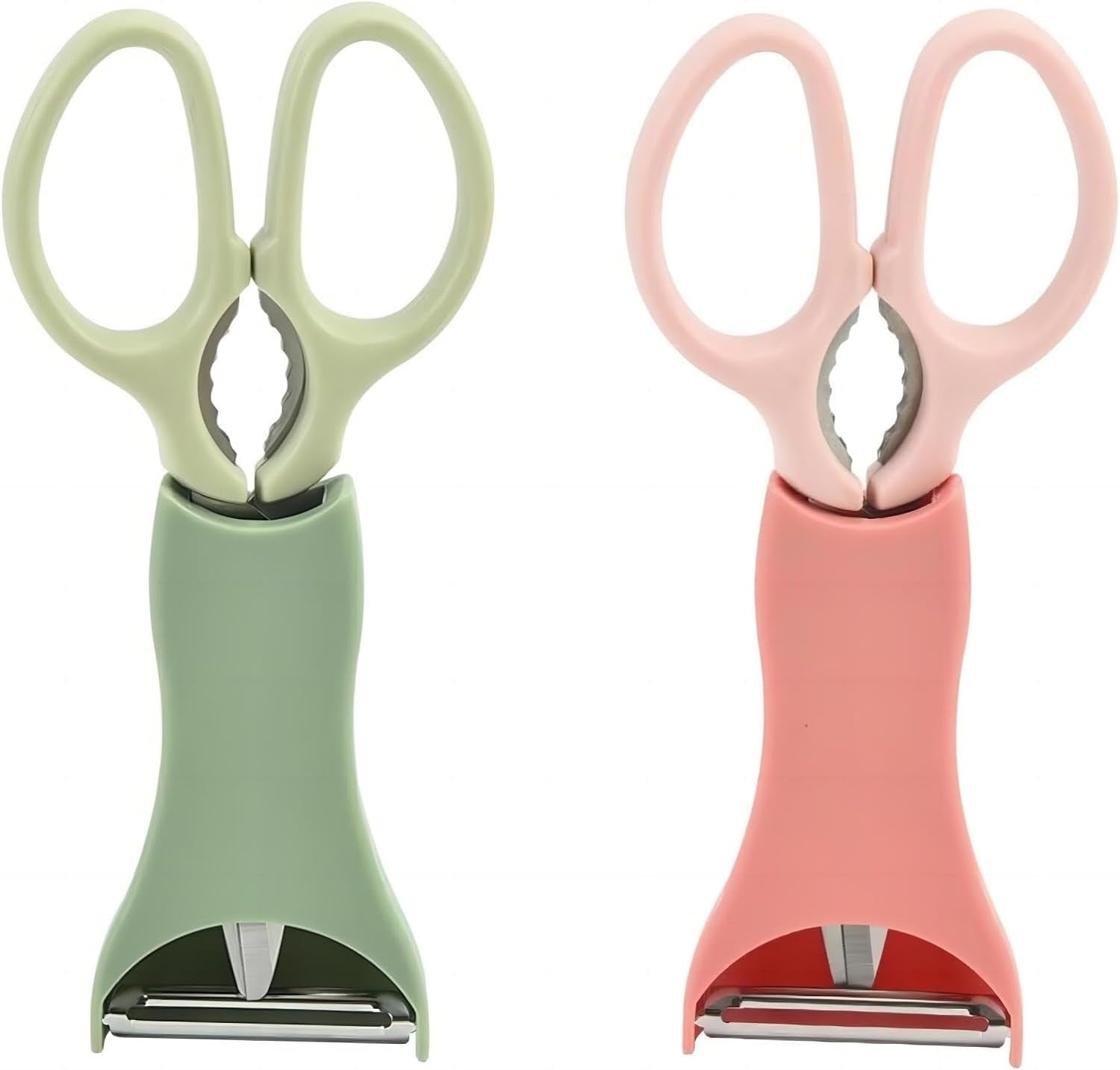 2Pcs Kitchen Scissors and Peeler Set, 3 in 1 Standable Stainless Steel Household Scissors Food Scissors Kitchen Scissors and Melon Planer (1*Green+1*Pink)