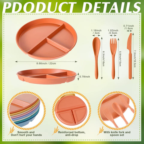 Image of 8 Set Unbreakable Wheat Straw Divided Dinner Plates 9 Inch Wheat Plastic Gridded Dinner Plates with Spoon Knife Fork Microwave Dishwasher Safe Wheat Straw Dinnerware Set for Kids Picnic Kitchen