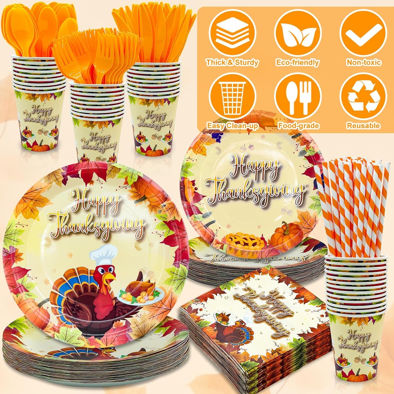 240Pcs Thanksgiving Party Supplies Disposable Dinnerware Set Include Paper Plates Dessert Plates Napkins Forks Knives Spoon Cups Straws Turkey Themed Thanksgiving Dinner Decorations,Serves 30