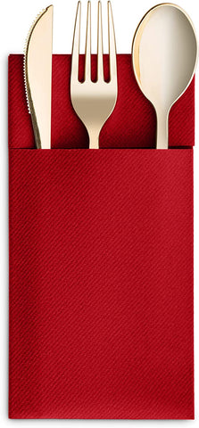 Image of Disposable Linen-Feel Dinner Napkins with Built-In Flatware Pocket, 50-Pack BRIGHT RED Prefolded Cloth like Paper Napkins for Dinner, Wedding or Party [Silverware NOT Included]