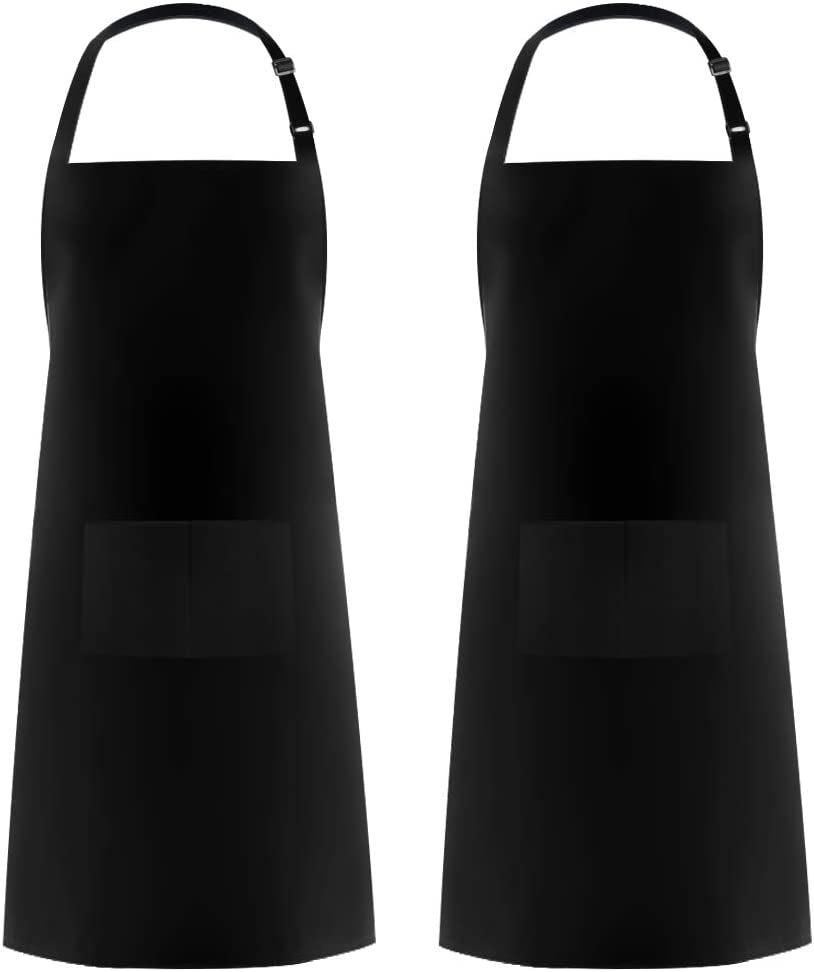 2 Pack 100% Cotton Adjustable Bib Apron with 2 Pockets Cooking Kitchen Aprons for Women Men Chef, Black