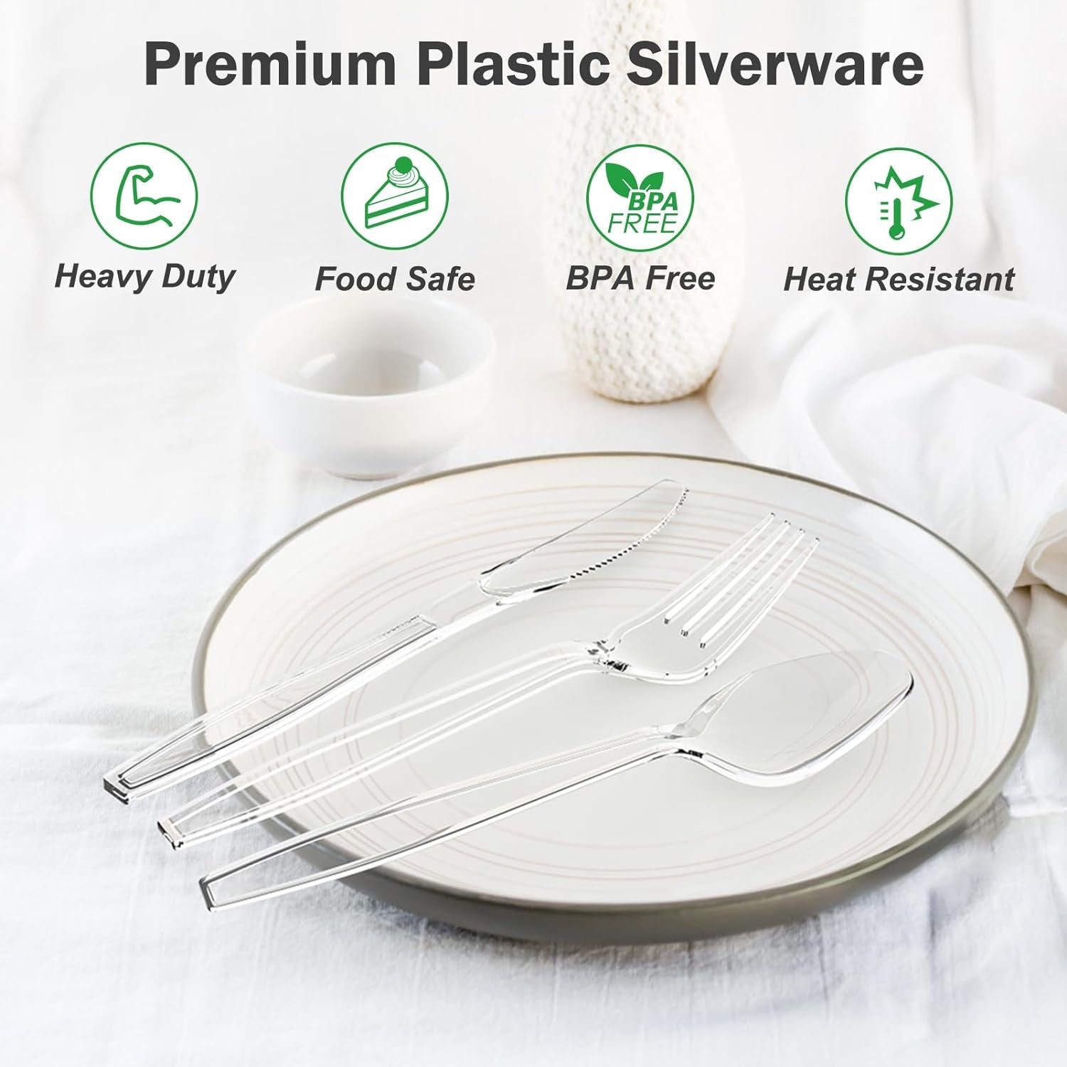 360 Count Extra Heavy Duty Clear Plastic Silverware, 150 Forks, 150 Spoons, 60 Knives, Bpa-Free, Heat Resistant, Disposable Plastic Utensils Set, Plastic Cutlery Set, Plasticware Bulk for Party