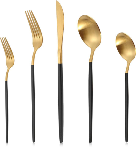 Image of Matte Gold Silverware Set with Black Handle,  Stainless Steel Flatware Cutlery Set Service for 4, 20-Piece Kitchen Utensil Set Include Spoons and Forks Set, Dishwasher Safe.