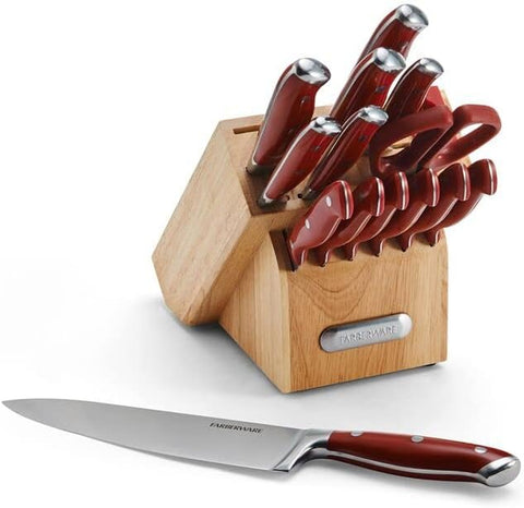 Image of Professional 15-Piece Forged Triple Riveted Knife Block Set with Built-In Edgekeeper Knife Sharpener, High-Carbon Stainless Steel Kitchen Knives, Razor-Sharp Knife Set, Red