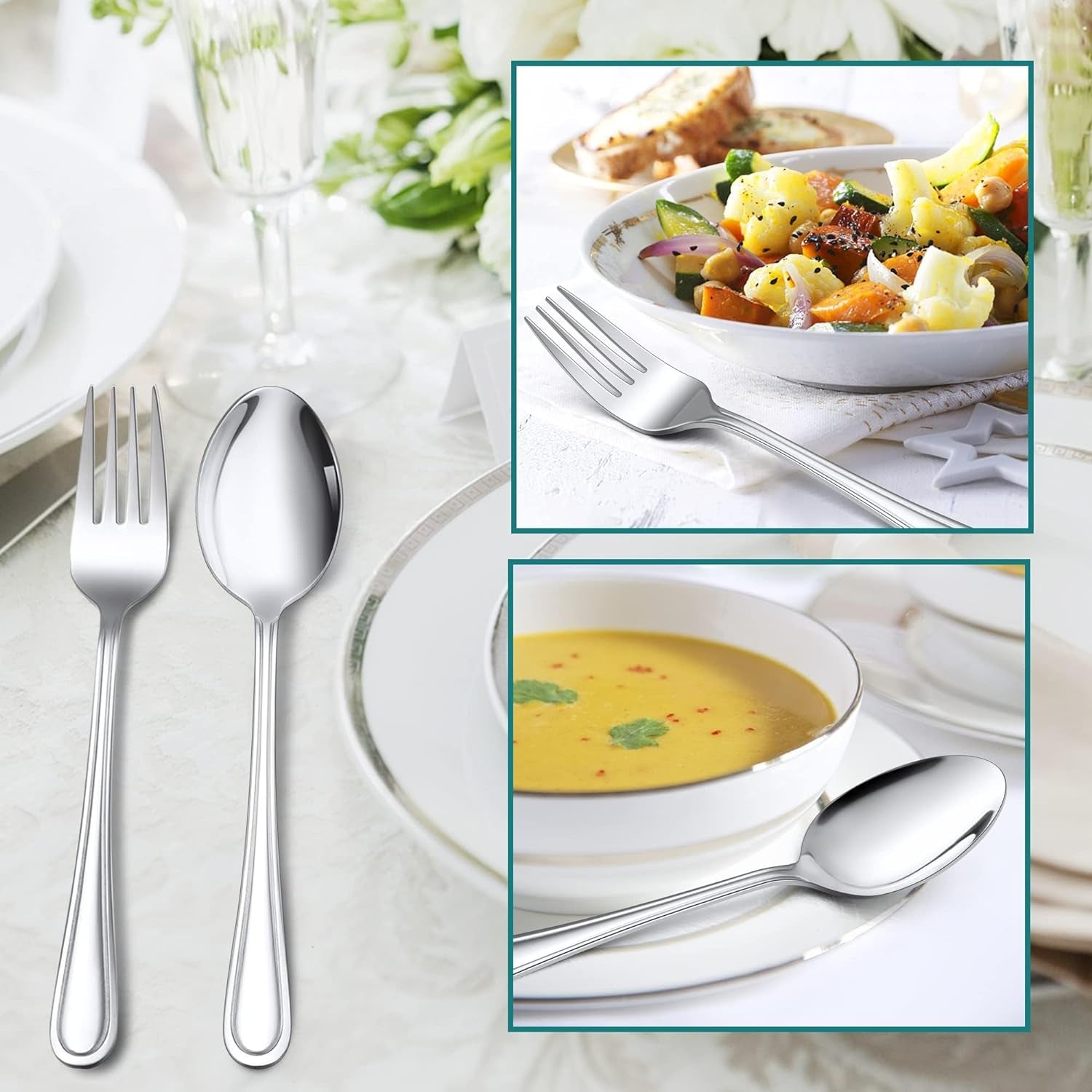 16-Piece Spoons and Forks Set,  Stainless Steel Slimline 8 Dinner Forks and 8 Dinner Spoons, Modern Metal Silverware Flatware Cutlery for Kitchen and Restaurant, Dishwasher Safe-7.9 Inch