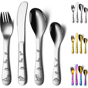 Toddler Utensils, 4 Pieces Stainless Steel Toddler Silverware Set, Kids Utensils Forks and Spoons, Mirror Polished Smooth round Tableware and Dishwasher Safe