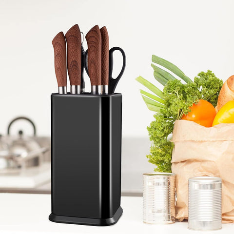 Image of Universal Knife Block without Knives,Modern Knife Holder for Kitchen Counter,Stainless Steel Knife Organizer with Scissors Slot & Sharpening Rod,Space Saver Rectangular Blocks & Storage