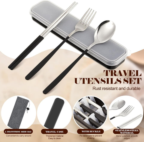 Image of 4 Sets Travel Utensils, Portable Stainless Steel Reusable Silverware Flatware Set, Include Fork Spoon Chopsticks with Case for Camping Picnic Travel Office School, Black Green Pink and Gray