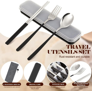 4 Sets Travel Utensils, Portable Stainless Steel Reusable Silverware Flatware Set, Include Fork Spoon Chopsticks with Case for Camping Picnic Travel Office School, Black Green Pink and Gray