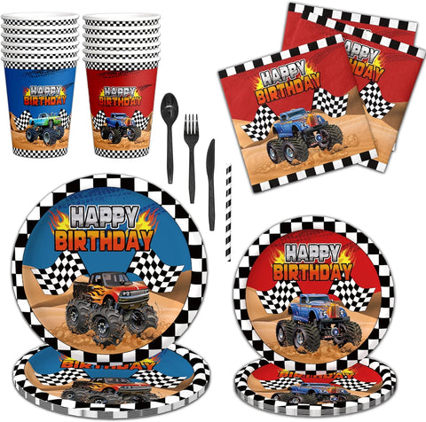 Image of 192Pcs Monster Large Truck Birthday Party Supplies Serves 24 Monster Large Truck Plates Napkins Knives Forks Spoons Straws Monster Large Truck Birthday Decorations Truck Party Favors for Kids