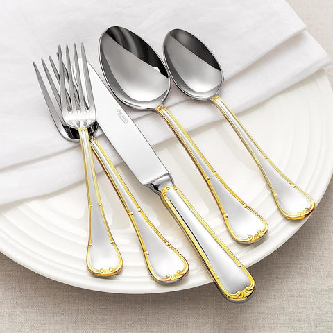 Image of Elizabeth 20-Piece 18/10 Stainless Steel Flatware Set, Service for 4, Fine Silverware Set (Gold Accent), Dishwasher Safe, Mirror Polished