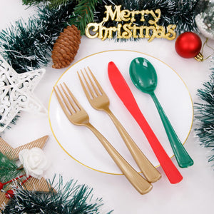180 Pieces Disposable Plastic Christmas Silverware Cutlery - Plastic Flatware Set 60 Gold Forks, 60 Red Knives and 60 Green Spoons - Heavy Duty Gold Plastic Cutlery - Gold Utensils for Christmas