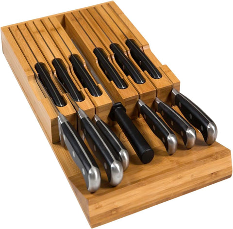 Image of In-Drawer Bamboo Knife Block Holds 12 Knives (Not Included) without Pointing up plus a Slot for Your Knife Sharpener!  Knife Organizer Made from Quality Moso Bamboo